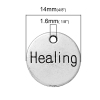 Picture of 4 PCs Zinc Based Alloy Positive Quotes Energy Charms Antique Silver Color Round Disc Message " Healing " 14mm Dia.