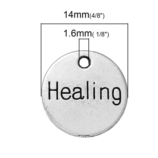 Picture of Zinc Metal Alloy Charm Pendants Round Antique Silver Color Message " Healing " Carved 14mm( 4/8") Dia, 4 PCs