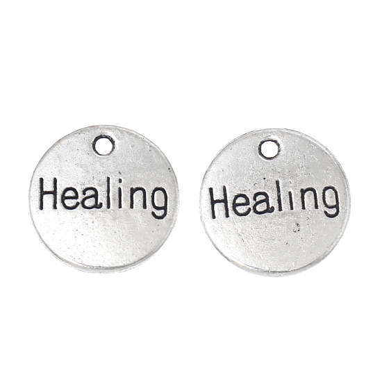 Picture of Zinc Metal Alloy Charm Pendants Round Antique Silver Color Message " Healing " Carved 14mm( 4/8") Dia, 4 PCs