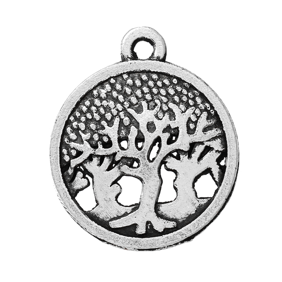 Immagine di Lega di Zinco Charm Ciondoli Tondo Argento Antico Albero Scolpito Filigrana 19mm x 16mm , 30 Pz