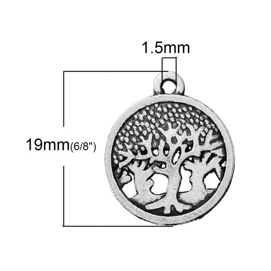 Immagine di Lega di Zinco Charm Ciondoli Tondo Argento Antico Albero Scolpito Filigrana 19mm x 16mm , 30 Pz