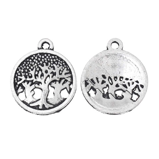 Immagine di Lega di Zinco Charm Ciondoli Tondo Argento Antico Albero Scolpito Filigrana 19mm x 16mm , 30 Pz
