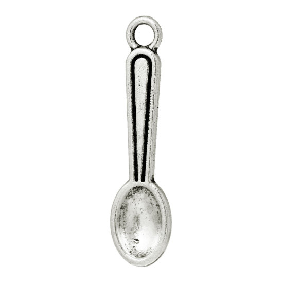 Picture of Zinc Based Alloy Pendants Spoon Tableware Antique Silver Color 30mm(1 1/8") x 8mm( 3/8"), 30 PCs