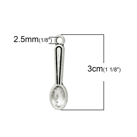 Picture of Zinc Based Alloy Pendants Spoon Tableware Antique Silver Color 30mm(1 1/8") x 8mm( 3/8"), 30 PCs