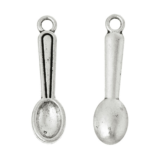 Picture of Zinc Based Alloy Pendants Spoon Tableware Antique Silver Color 30mm(1 1/8") x 8mm( 3/8"), 30 PCs