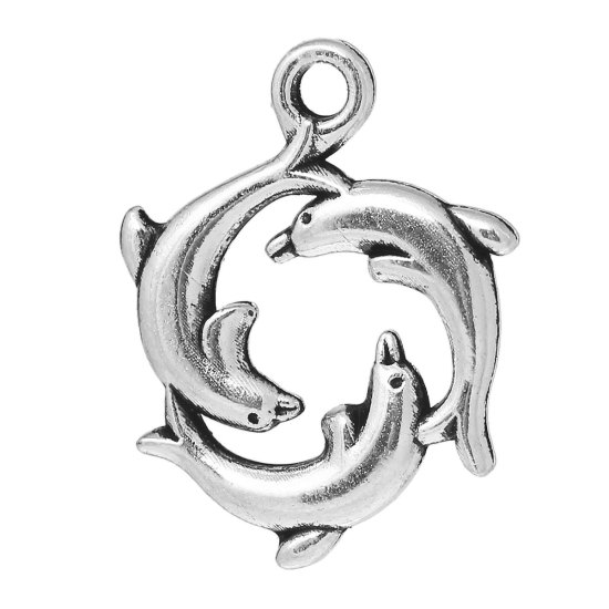 Picture of Ocean Jewelry Zinc Based Alloy Charms Dolphin Animal Antique Silver Color 21mm( 7/8") x 16mm( 5/8"), 30 PCs