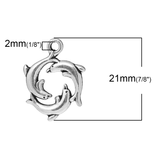 Picture of Ocean Jewelry Zinc Based Alloy Charms Dolphin Animal Antique Silver Color 21mm( 7/8") x 16mm( 5/8"), 30 PCs