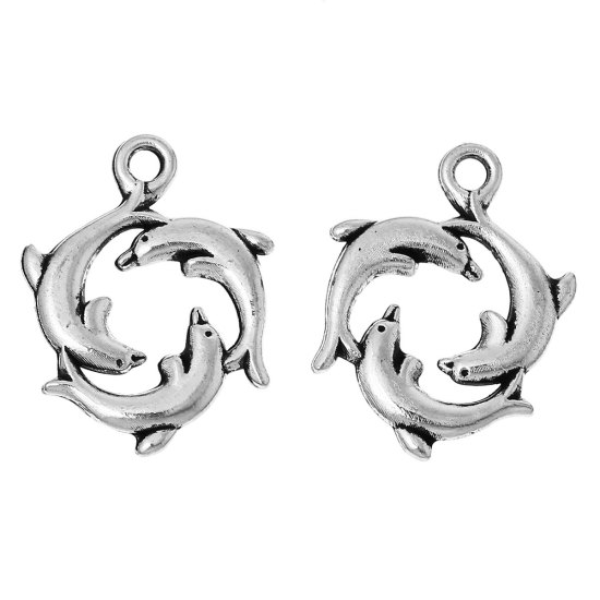 Picture of Ocean Jewelry Zinc Based Alloy Charms Dolphin Animal Antique Silver Color 21mm( 7/8") x 16mm( 5/8"), 30 PCs