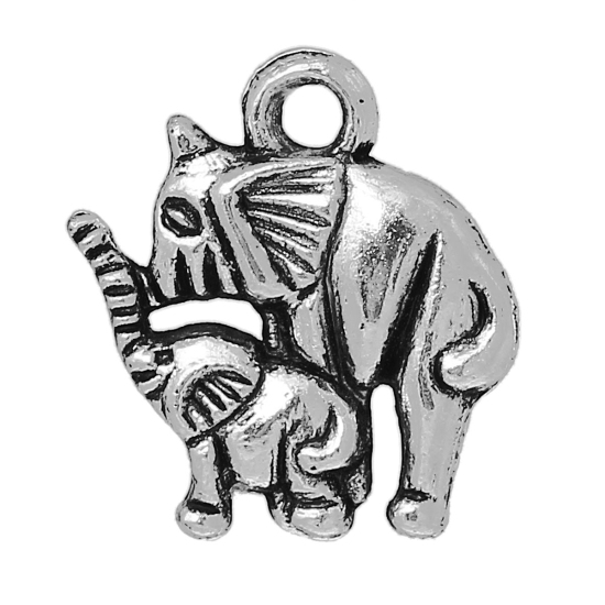 Picture of Zinc Metal Alloy Charm Pendants Elephant Animal Antique Silver Color 15mm( 5/8") x 14mm( 4/8"), 4 PCs