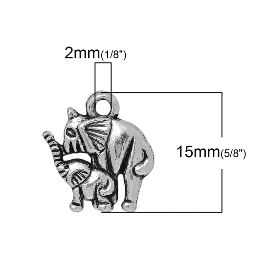 Picture of Zinc Metal Alloy Charm Pendants Elephant Animal Antique Silver Color 15mm( 5/8") x 14mm( 4/8"), 4 PCs