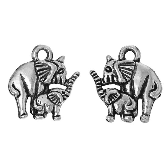 Picture of Zinc Metal Alloy Charm Pendants Elephant Animal Antique Silver Color 15mm( 5/8") x 14mm( 4/8"), 4 PCs