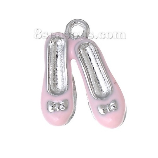 Immagine di Lega di Zinco Charm Ciondoli Scarpe Tono Argento Rosa Smalto 19mm x 14mm , 10 Pz
