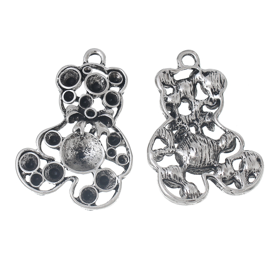 Picture of Zinc Metal Alloy Pendants Bear Animal Antique Silver Color (Can Hold ss6 ss9 ss12 ss23 Rhinestone) 36mm(1 3/8") x 25mm(1"), 10 PCs