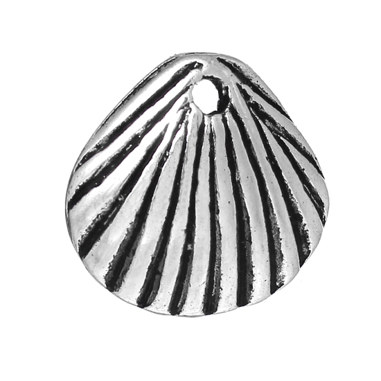 Picture of Zinc Metal Alloy Charm Pendants Shell Antique Silver Color 12mm( 4/8") x 11mm( 3/8"), 6 PCs