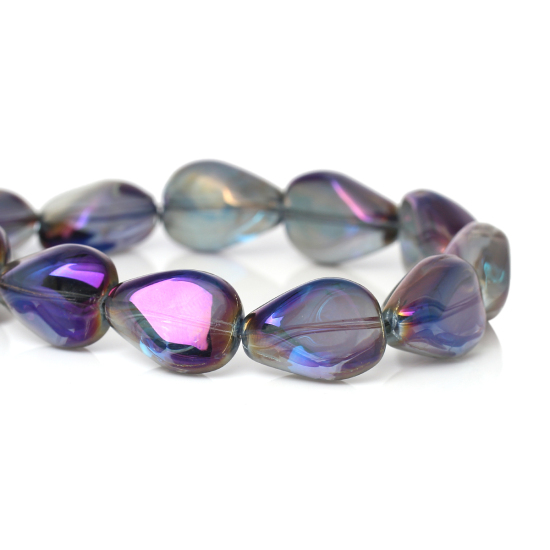 Picture of Glass Loose Beads Teardrop Purple AB Rainbow Color Aurora Borealis Transparent About 18mm x 14mm, Hole: Approx 1.5mm, 20 PCs