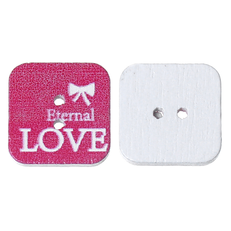Legno Bottone da Cucire ScrapbookBottone Quadrato Colore Fuscia Due Fori Lettere Disegno 16mm x 16mm, 50 Pz