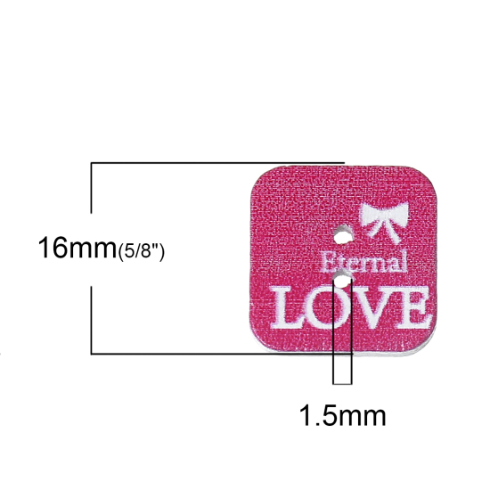 Picture of Natural Wood Sewing Buttons Scrapbooking Square Fuchsia 2 Holes Message " Eternal Love " Pattern 16mm( 5/8") x 16mm( 5/8"), 50 PCs