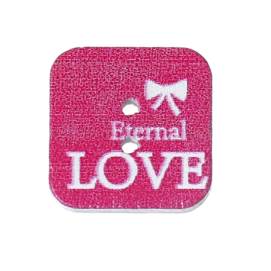 Picture of Natural Wood Sewing Buttons Scrapbooking Square Fuchsia 2 Holes Message " Eternal Love " Pattern 16mm( 5/8") x 16mm( 5/8"), 50 PCs