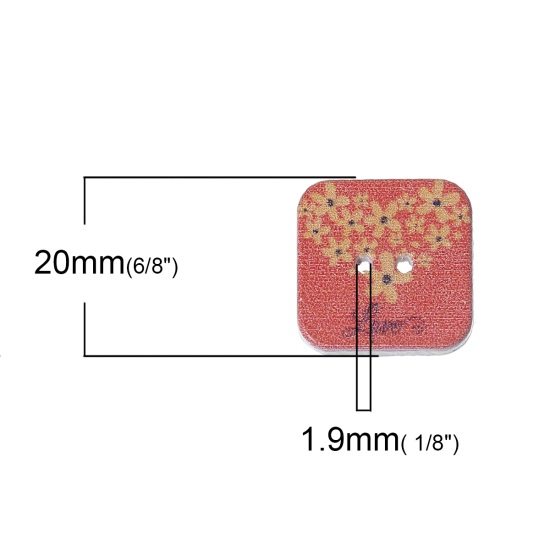 Immagine di Legno Bottone da Cucire ScrapbookBottone Quadrato Acqua Rossa Due Fori Fiore Disegno 20mm x 20mm, 50 Pz