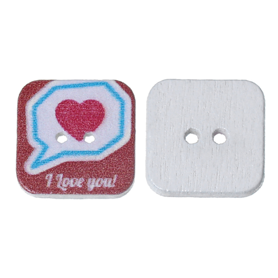 Picture of Natural Wood Sewing Buttons Scrapbooking Square Multicolor 2 Holes Heart Message " I Love You " Pattern 20mm( 6/8") x 20mm( 6/8"), 50 PCs