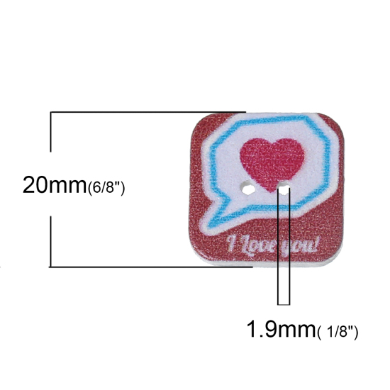 Picture of Natural Wood Sewing Buttons Scrapbooking Square Multicolor 2 Holes Heart Message " I Love You " Pattern 20mm( 6/8") x 20mm( 6/8"), 50 PCs