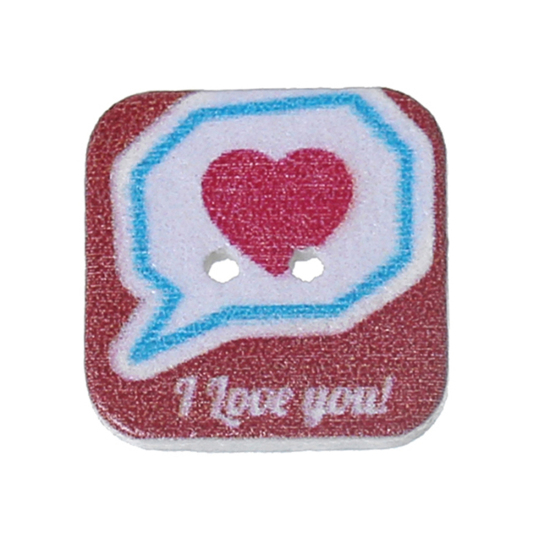 Picture of Natural Wood Sewing Buttons Scrapbooking Square Multicolor 2 Holes Heart Message " I Love You " Pattern 20mm( 6/8") x 20mm( 6/8"), 50 PCs