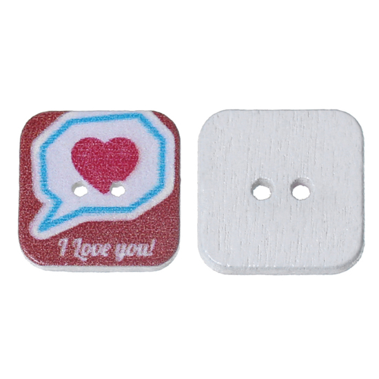 Imagen de Botón Dos Agujeros Costura Madera de Square ,Multicolor Corazón " I Love You "24mm x 24mm, 50 Unidades