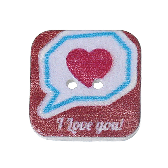 Imagen de Botón Dos Agujeros Costura Madera de Square ,Multicolor Corazón " I Love You "24mm x 24mm, 50 Unidades