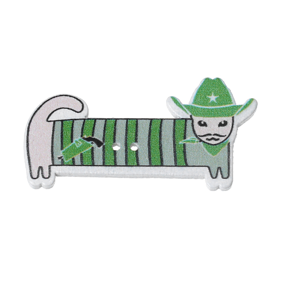 Picture of Natural Wood Sewing Buttons Scrapbooking Cowboy Dachshund Dog Animal Green 2 Holes Stripe Pattern 46mm(1 6/8") x 23mm( 7/8"), 50 PCs