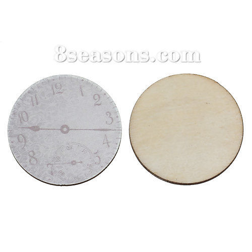 Picture of Natural Wood Cabochons Scrapbooking Embellishments Findings Round Gray Clock Pattern 3.8cm(1 4/8") Dia, 30 PCs