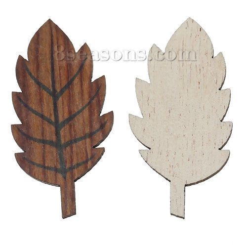 Picture of Wood Cabochons Scrapbooking Embellishments Findings Leaf Brown 49.0mm(1 7/8") x 25.0mm(1") , 20 PCs