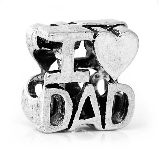 Image de Perles à Gros Trou au Style Européen en Alliage de Zinc Lettre Argent Antique Cœur " I LOVE DAD " Creux 12mm x 11mm, Tailles de Trous: 5mm, 2 Pcs