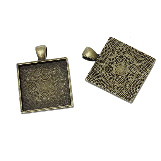 Picture of Zinc Based Alloy Cabochon Setting Pendants Square Antique Bronze (Fits 25mm x 25mm) 36mm x 28mm, 1 Piece