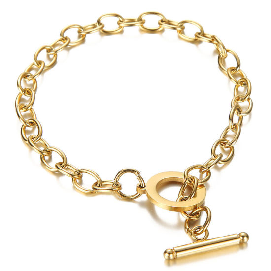 Imagen de 1 Piece Stainless Steel Simple Link Cable Chain Bracelets Gold Plated 21cm(8.3") long