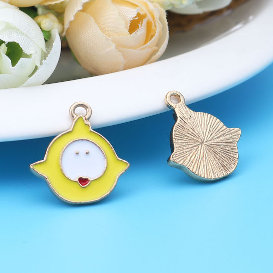 Picture of Zinc Based Alloy Charms Gold Plated White & Yellow Cartoon Images Enamel 19mm x 19mm, 10 PCs