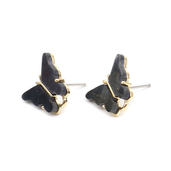 Zinc Based Alloy Insect Ear Post Stud Earrings Findings Butterfly Animal Gold Plated Dark Gray W/ Loop 14mm x 13mm, Post/ Wire Size: (21 gauge), 6 PCs の画像