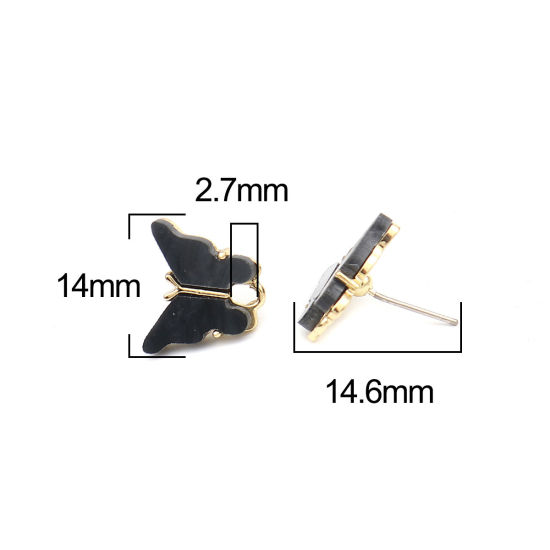 Zinc Based Alloy Insect Ear Post Stud Earrings Findings Butterfly Animal Gold Plated Dark Gray W/ Loop 14mm x 13mm, Post/ Wire Size: (21 gauge), 6 PCs の画像