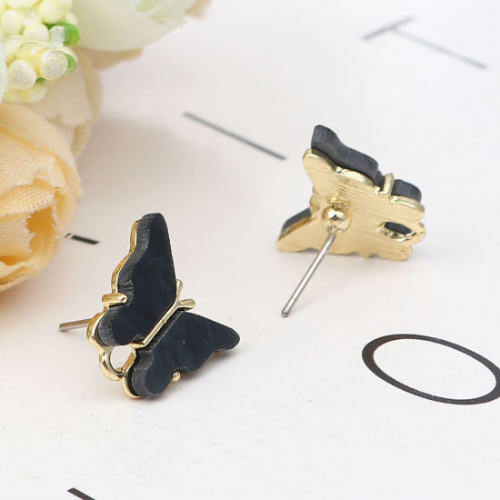 Zinc Based Alloy Insect Ear Post Stud Earrings Findings Butterfly Animal Gold Plated Dark Gray W/ Loop 14mm x 13mm, Post/ Wire Size: (21 gauge), 6 PCs の画像