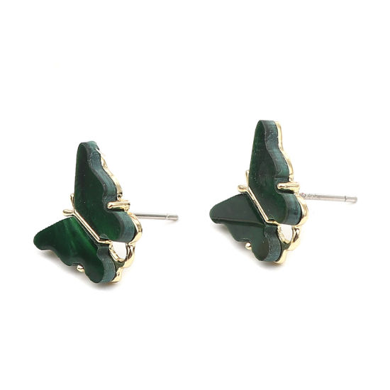 Zinc Based Alloy Insect Ear Post Stud Earrings Findings Butterfly Animal Gold Plated Dark Green W/ Loop 14mm x 13mm, Post/ Wire Size: (21 gauge), 6 PCs の画像