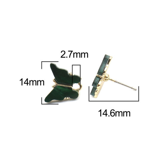Zinc Based Alloy Insect Ear Post Stud Earrings Findings Butterfly Animal Gold Plated Dark Green W/ Loop 14mm x 13mm, Post/ Wire Size: (21 gauge), 6 PCs の画像