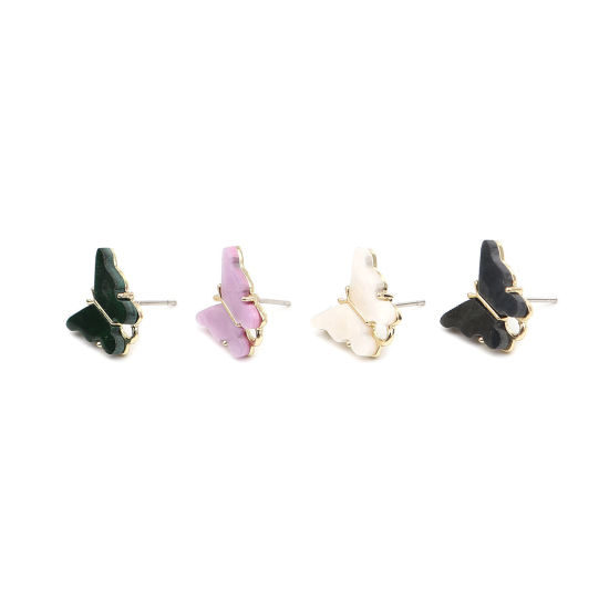 Zinc Based Alloy Insect Ear Post Stud Earrings Findings Butterfly Animal Gold Plated Dark Green W/ Loop 14mm x 13mm, Post/ Wire Size: (21 gauge), 6 PCs の画像