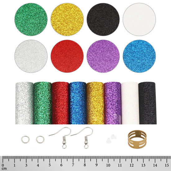 Bild von PU Material Zubehör Set für DIY Ohrringe Anhänger Bunt Glitzert 21cm x 16cm, 1 Set