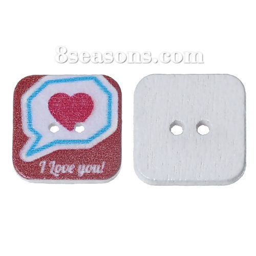 Imagen de Botón Dos Agujeros Costura Madera de Square ,Multicolor Corazón " I Love You "24mm x 24mm, 50 Unidades