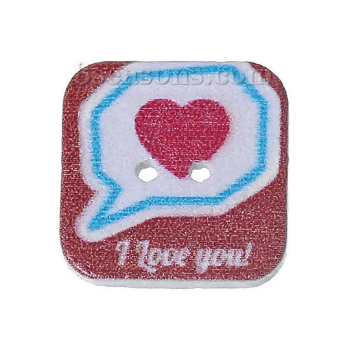 Imagen de Botón Dos Agujeros Costura Madera de Square ,Multicolor Corazón " I Love You "24mm x 24mm, 50 Unidades