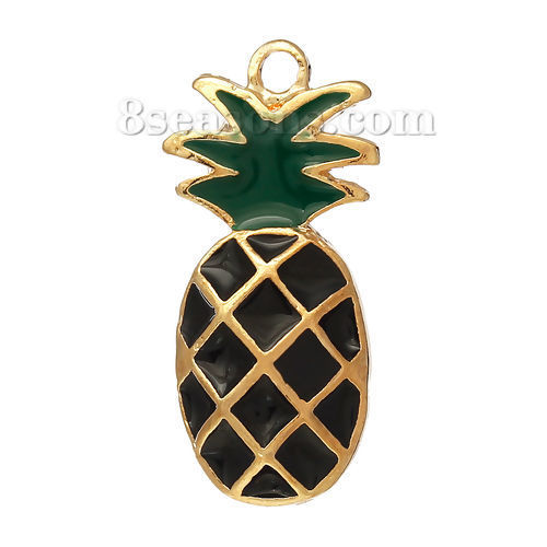 Immagine di 1 Pz Lega di Zinco Ciondoli Oro Placcato Nero & Verde Ananas Smalto 24mm x 11mm