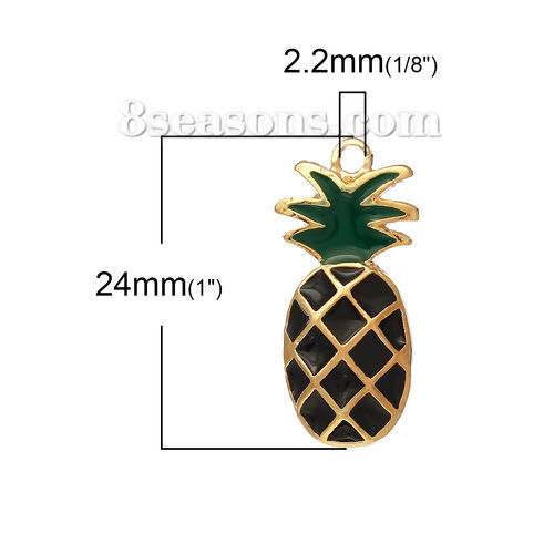 Immagine di 1 Pz Lega di Zinco Ciondoli Oro Placcato Nero & Verde Ananas Smalto 24mm x 11mm