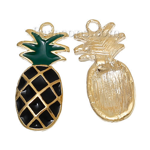 Immagine di 1 Pz Lega di Zinco Ciondoli Oro Placcato Nero & Verde Ananas Smalto 24mm x 11mm