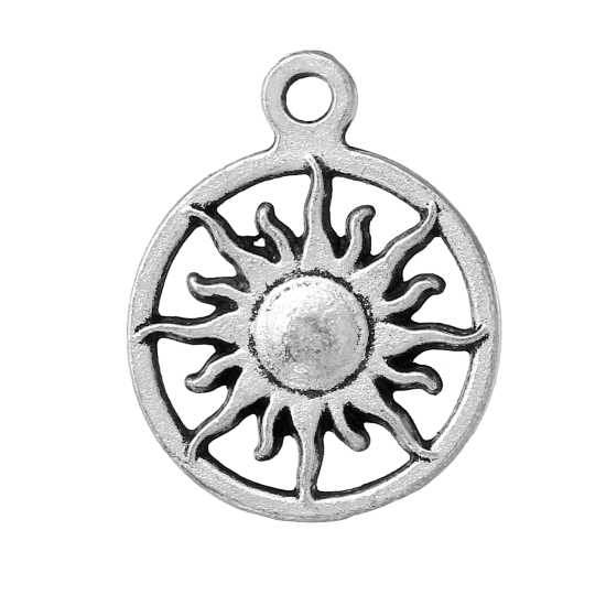 Image de Pendentifs en Alliage de Zinc Rond Argent Vieilli Soleil Creux 20mm x 16mm, 20 Pcs