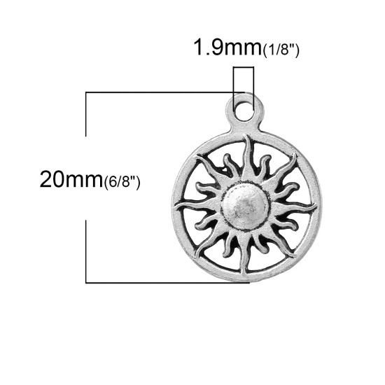 Image de Pendentifs en Alliage de Zinc Rond Argent Vieilli Soleil Creux 20mm x 16mm, 20 Pcs