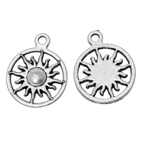 Image de Pendentifs en Alliage de Zinc Rond Argent Vieilli Soleil Creux 20mm x 16mm, 20 Pcs